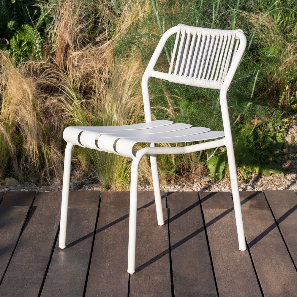 Stackable aluminium chair with weaven rope backrest Verdea