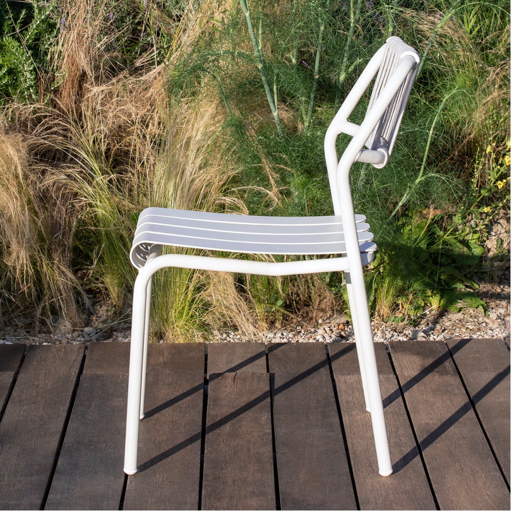 Stackable aluminium chair with weaven rope backrest Verdea